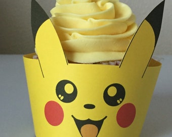 Pokemon GO SMILING Pikachu inspired Cupcake Wrapper Holder Birthday Party- Digital File, You Print
