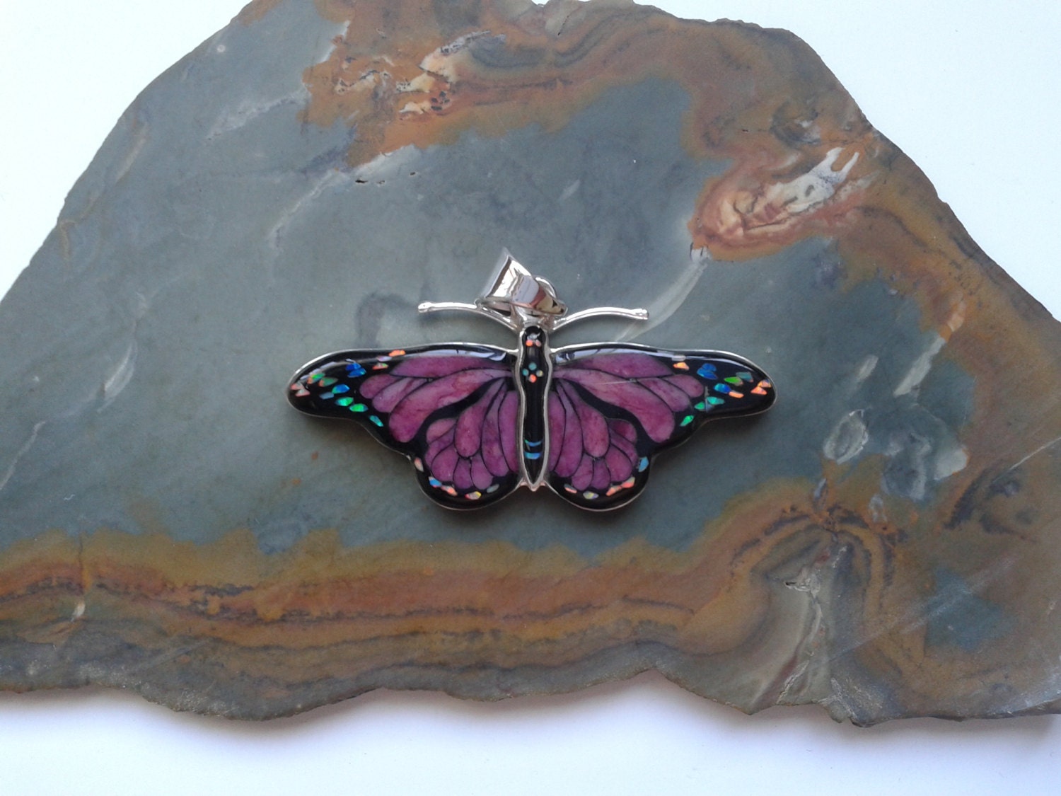 Monarch Butterfly Inlay Sterling Silver Pendant by IntricateInlays