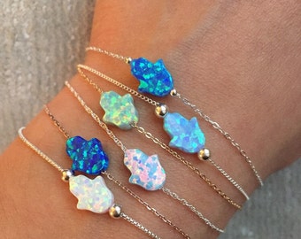 Mini Lab Opal Hamsa Bracelet; Sterling silver, gold filled or Rose gold plated bracelet with Mini Lab Opal Hamsa
