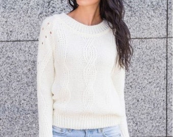 Knitted sweater Warm winter sweater Autumn sweater Woman sweater White sweater Sweater with long sleeve Party sweater