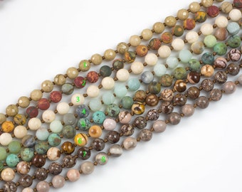 Long Knotted - Preknotted Necklace- Assorted Gemstones-8mm 36 inches Long- Ready to wear- Long Necklace