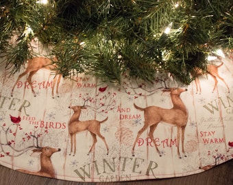 Christmas Tree Skirt-Deer-Winter-Snow-Cardinal-Bird-Holiday Decor-Christmas Decoration-Cardinals-Birds