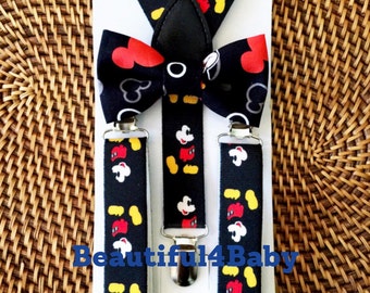 Mickey Mouse Inspired Suspenders and Bow Tie- 6mo. to 5 yrs old, Little Boy Mickey Mouse Suspenders, Cake Smash, Birthday Suspenders