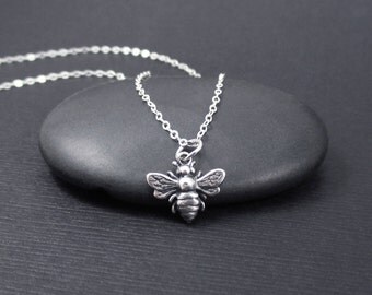Honey Bee Necklace Sterling Silver Tiny Honeybee Bumble Bee Charm Pendant