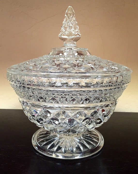 Large Cut Pressed Clear Glass Candy Dish with Lid