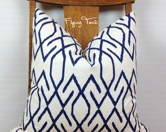 Navy Ikat Geometric Pillow Cover on White Background. Knife Edge finish - Zoe Pattern - Same Fabric Both Sides