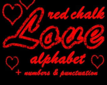 Red chalk alphabet digital clipart, red chalkboard font with large and small letters, numbers and punctuation; for commercial use;