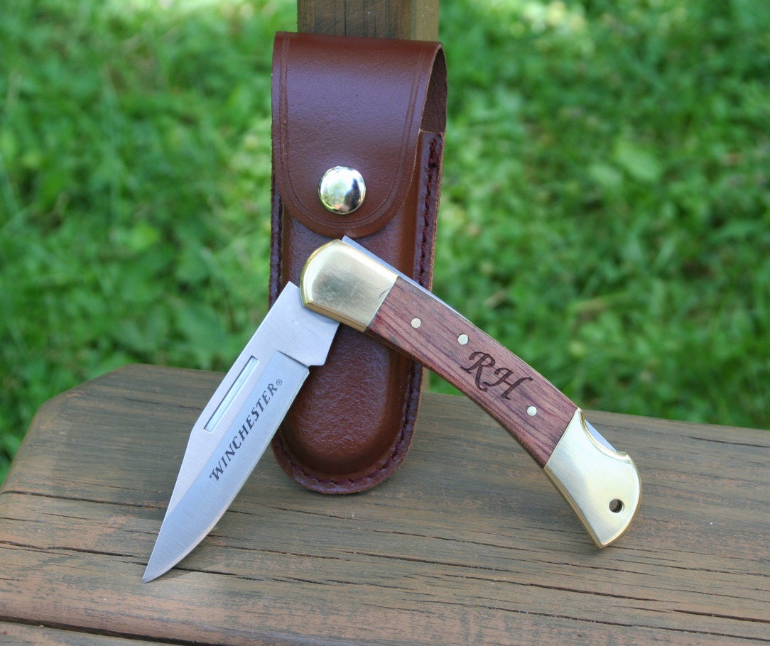 Engraved Winchester Folding Knife and Sheath Genuine Leather