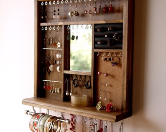 Jewelry display mirror. earrings display. necklace holder. WALNUT earring holder with shelf. wall mounted jewelry storage. earrings storage.