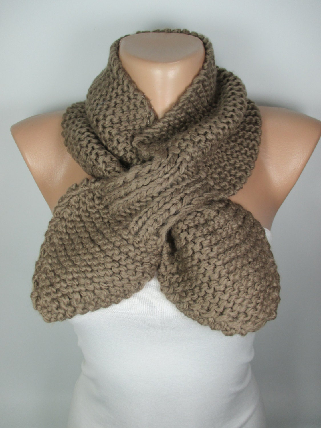 Knitted Bow Scarf Chunky Brown Scarf Ascot Neck Warmer by MelScarf