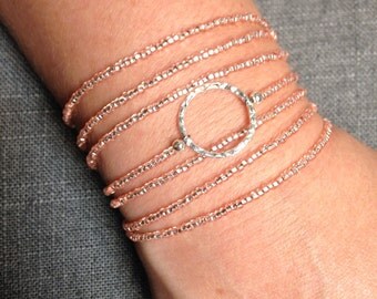 Wrap Bracelet, Beaded Bracelet, Dainty Washer Bracelet/Necklace, Beaded Wrap Bracelet,Bridesmaids Gifts,Karma Bracelet,Textured Circle Ring