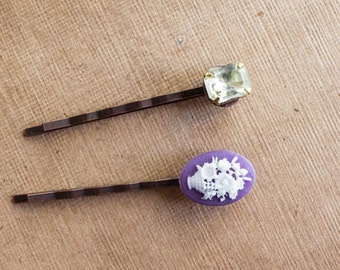 Light Green Rhinestone and Purple Cameo decorative hair pin Wedding Bridal Hair Accessory Clip Pin Vintage Repurpose Gift for Her Under 10