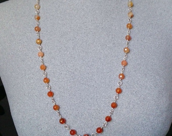 Long Carnelian necklace, Carnelian rosary style silver necklace, Carnelian and silver necklace, long silver necklace