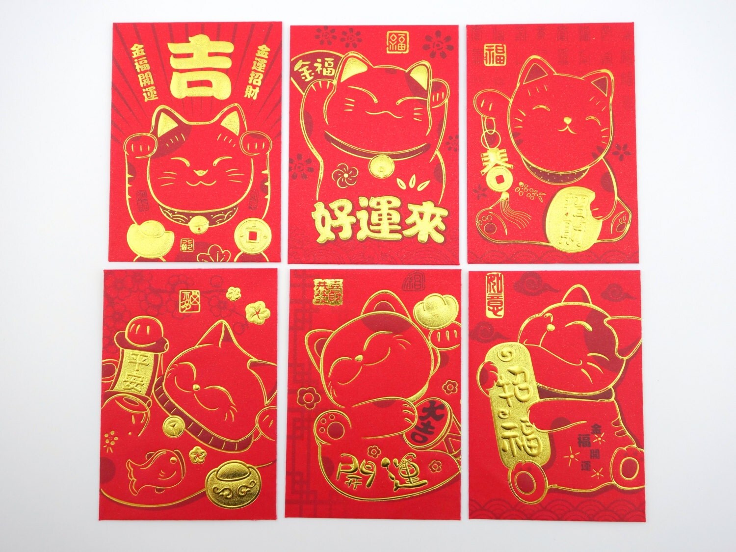 6 variety pack Chinese maneki neko lucky money red envelope