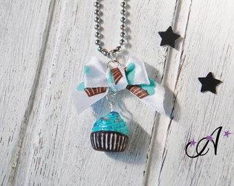 necklace fimo polymer clay pendant cupcake blue ribbon