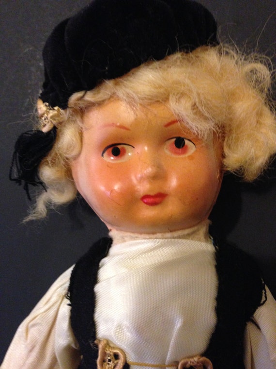 Antique Souvenir Doll With Celluloid Head Hand Painted Face