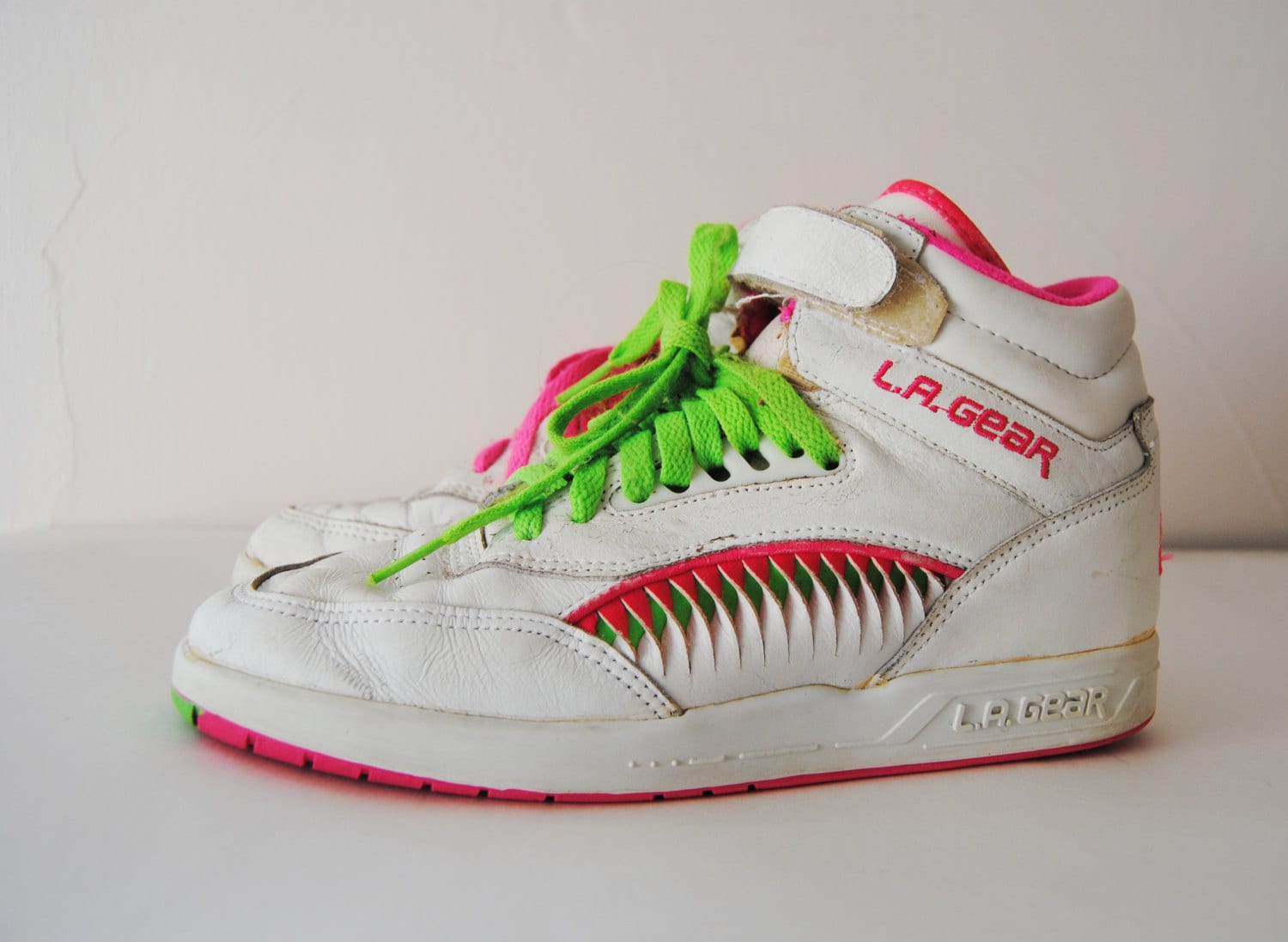 90s Neon Hi Top Sneakers Vintage L.A. Gear White Leather
