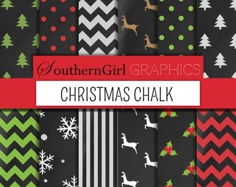 Chalkboard Christmas Digital Paper - "CHRISTMAS CHALK" with Christmas trees, reindeer, snowflakes, and holly in red, green for cards