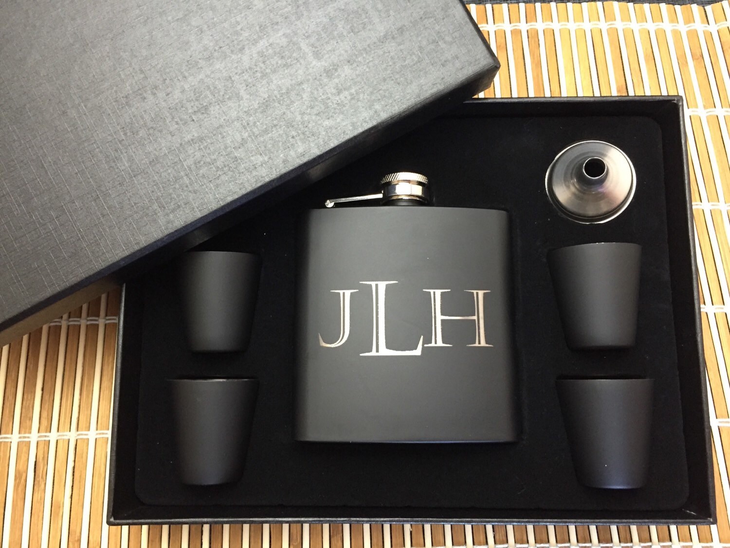 Laser Engraved Matte Black Stainless Steel Flask Set 10