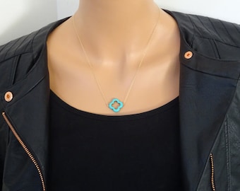 Turquoise Four Leaf Clover Necklace, 14k gold filled necklce / Sterling Silver, Clover Necklace