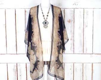 Black/tan tribal bohemian print sheer silk kimono cardigan/paisley floral cover up blouse/gypsy festival top/LIMITED EDITION