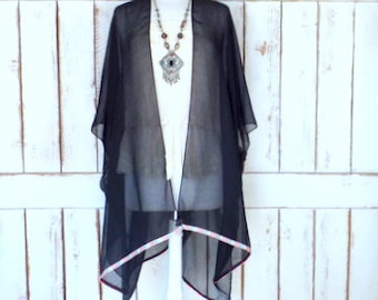 Black sheer gauzy cotton kimono cardigan/black cover up