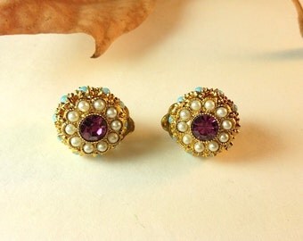 Vintage Pearl Rhinestone Bead Gold Button Clip On Earrings
