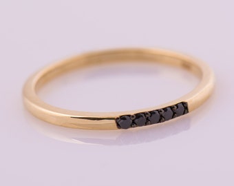 Black Diamond Ring, Thin Band Diamond Ring, 14K Yellow Gold Ring, Five Black Diamonds Ring, Dainty Stackable Ring
