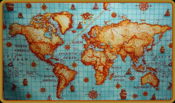 A World Map On Cotton Fabric By The Fat Quarter Half Yard