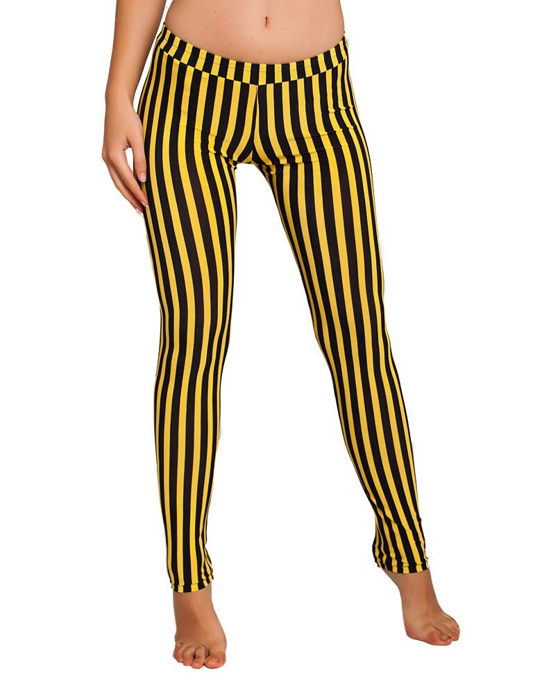 Low-waisted Striped Leggings.Yellow Black Stripe Leggings.Thin