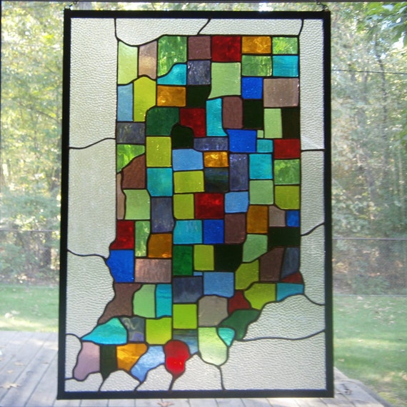 Stained glass panel Indiana counties map Hoosier by DownriverGlass