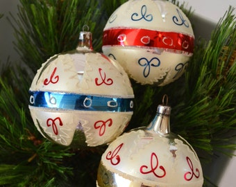 1940's Hand Blown, Hand Painted Glass Christmas Ornament Set of 3