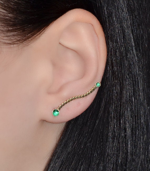 Emerald EAR CLIMBER Earrings // 14k Gold Filled Ear Pins Up
