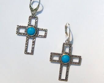 Arizona Sleeping Beauty Turquoise and Hammered Platinum Over .925 Silver Cross Earrings
