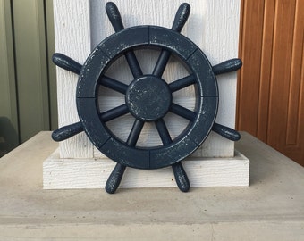 Rustic Dark Blue Nautical Ship Wheel - Decorative ship's wheel - Wood ship wheel - Vintage ship wheel, nautical decor, vintage decor - 086