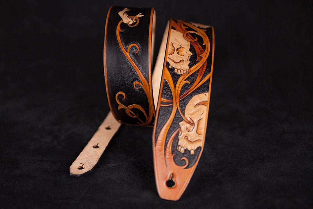 Leather guitar strap skull Vanity Custom hand