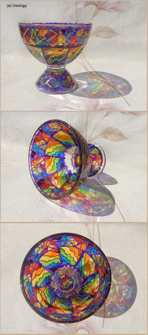 Glass DESSERT VASE hand painted pedestal bowl Rainbow mosaic