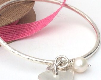 Chunky Sterling Silver Bangle with Silver Heart and Freshwater Pearl, Hammered Finish