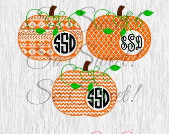 Patterned Pumpkin SVG / DXF Monogram Frames Side Circle Cut File Fall Halloween Monogram Frame Svg Dxf Silhouette Chevron Aztec Vine Curly