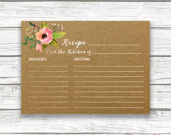 Boho Kraft Bridal Shower Recipe Card Invitation Insert, Rose Gold Foil Coral Pink Floral Boho Wedding Recipe Cards, Wedding Instant Download