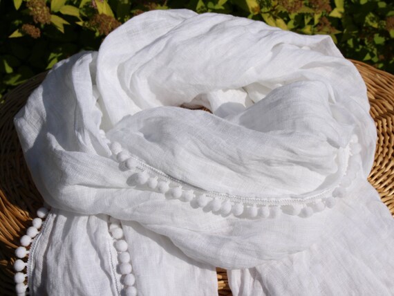 pom trim natural pom Women  Scarf pom   scarves pom with summer trim  Handmade scarf