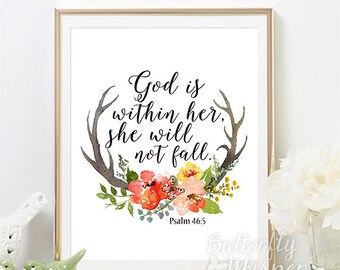 Nursery Bible verse baby girl quote, God is within her she will not fall, Psalm 46 5, Bible quotes wall art christian baby girl room gift