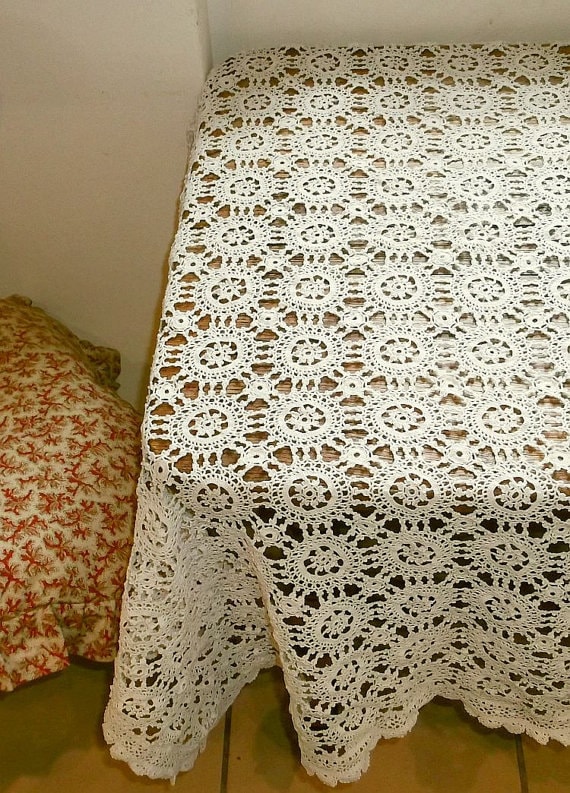 Antique Crochet Lace Tablecloth Handmade