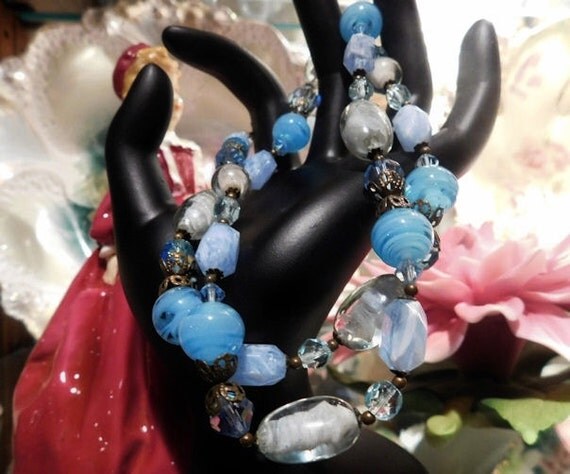 Givre Glass Beaded Necklace Vintage Mid Century 1960s 60s AB Aurora Borealis Lucite Bead Necklace 22" Matinee Length Blue Necklace