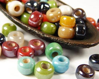 50 Pcs - 9x8mm Multicolor Luster Glass India Crow Beads - Crow Rollers - Glass Pony Beads - Jewelry Supplies