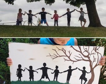 Custom family silhouette on wood, family portrait holding hands, photo to painting, personalized painted silhouette, custom family wall art