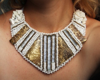 Kolisnyk Bijou beaded embroidery necklace with nature elements glass stone brass white jewelry unique ethnic african bib necklace