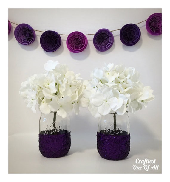 Set of two purple glitter mason jars home decor wedding