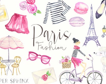 Watercolor Paris Clipart | Fashion Clip Art - Planner Clipart - French Clothes - Eiffel Tower - Digital Instant Download PNG files