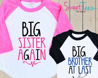 Big Sister Again Shirt Set Arrow Big Brother At Last Shirt SET black pink Raglan 3/4th Sleeve Shirt Toddler Youth